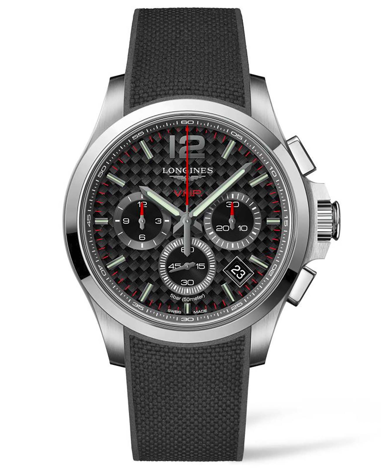Longines Longines Conquest V.H.P. L3.717.4.66.9  L37174669 кварцевые мужские часы черный циферблат, браслет каучук — вид спереди